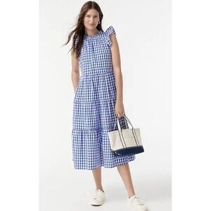 J. CREW- Gingham Tiered Dress-White Blue-Ruffle Sleeve Summer Cottage Preppy M